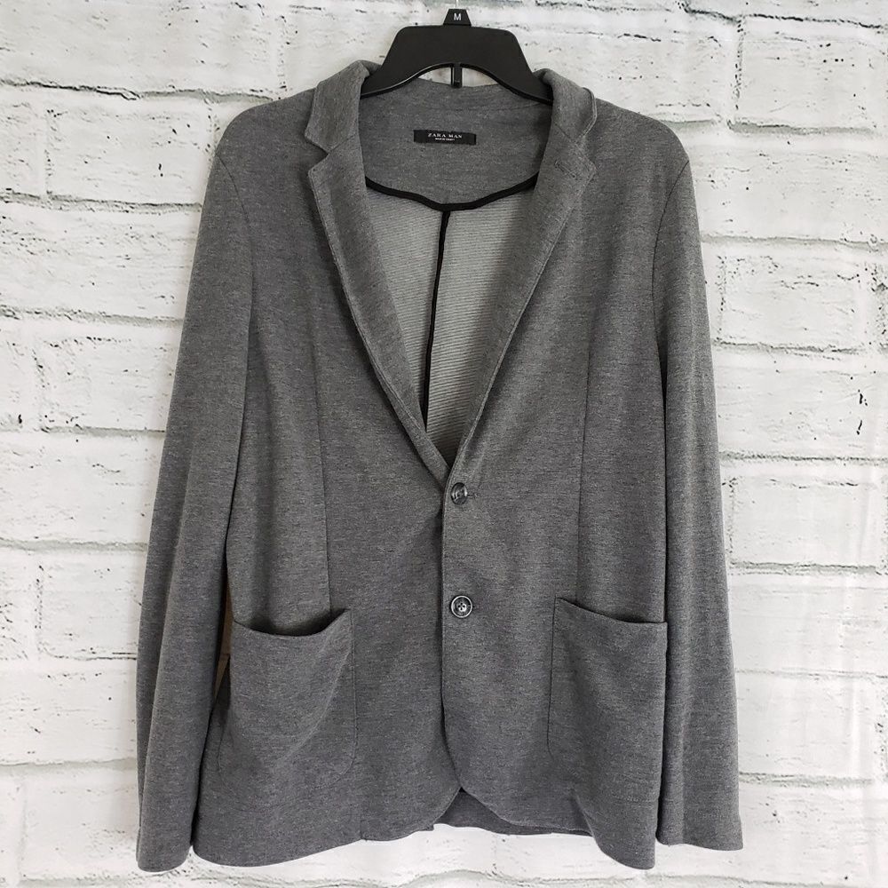 Zara Man solid gray basic textured weave collared… - image 1